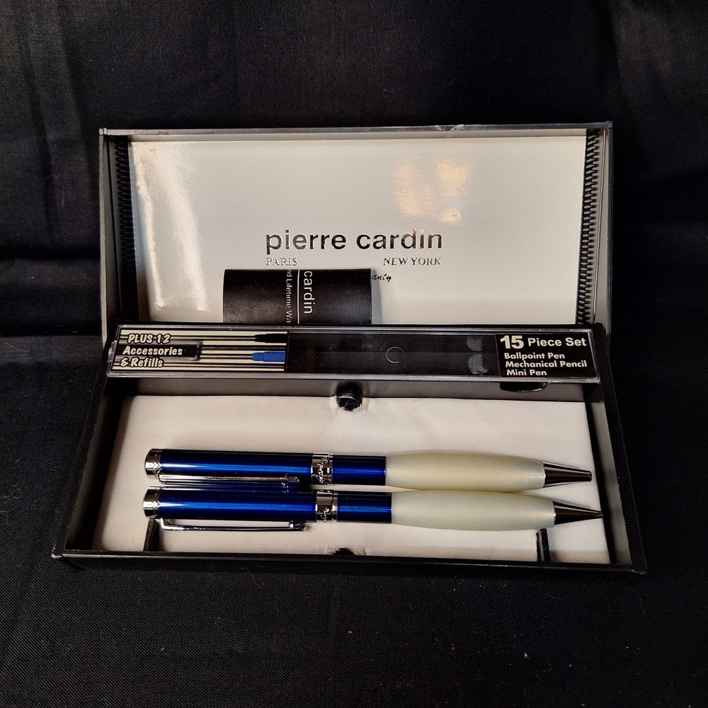 Pierre Cardin Ballpoint Pen and Mechanical Pencil Set Blue Silver with Case